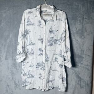 Cynthia Rowley 100% Linen Nautical Sailboat Button Shirt Womens XL Coastal Beach